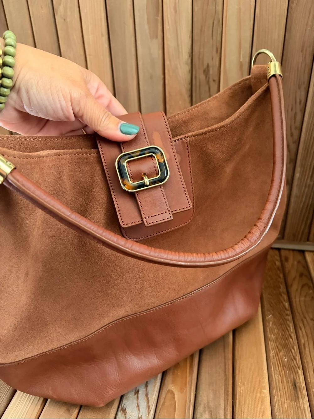 Talbots Brown Suede & Leather Hobo Shoulder Bag Tortoise Buckle